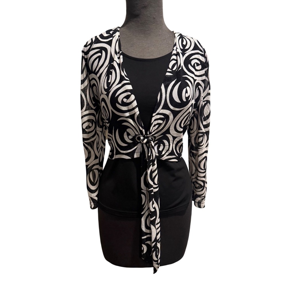 Y2K Jaipur Womens Large Black White Swirl Rose Mesh Layered Look Tie Front Top L